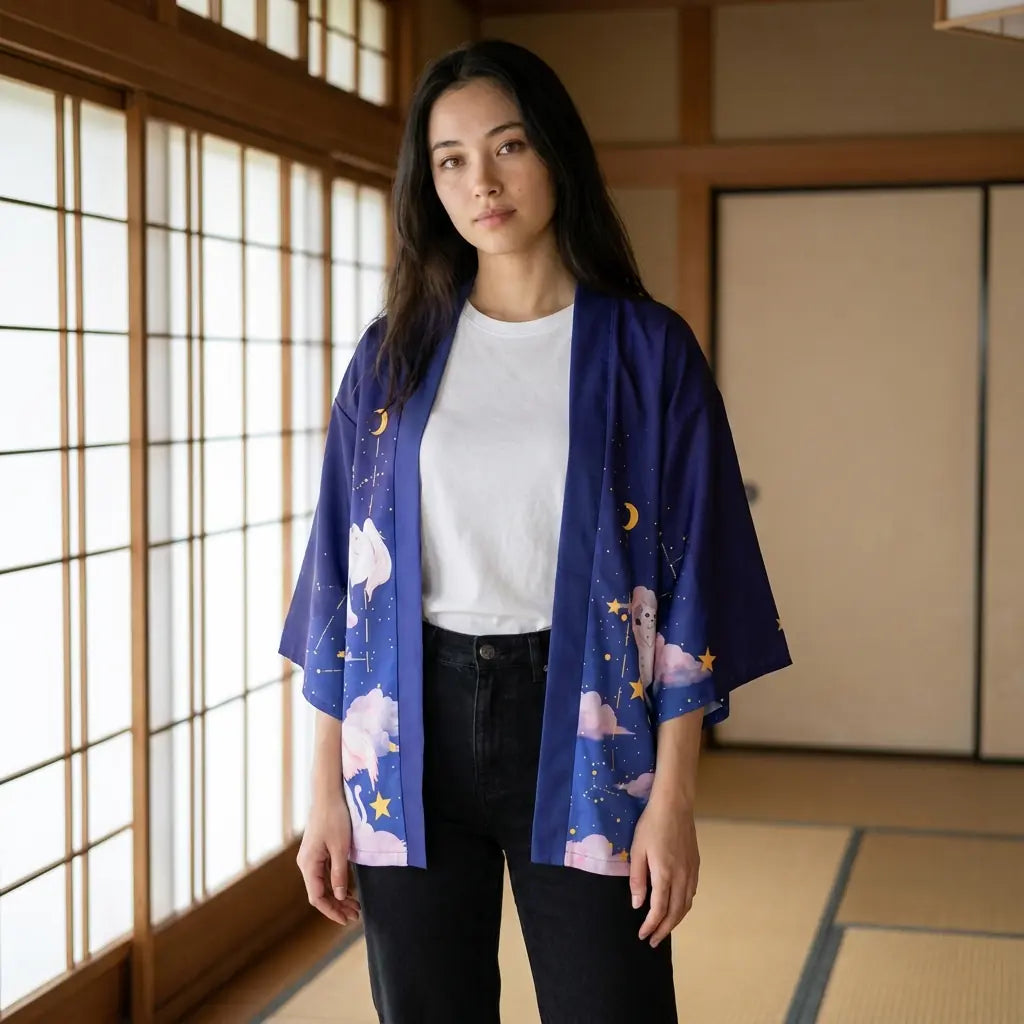 Blaue Kimono-Jacke mit Katzen- und Wolkenmotiv auf Tatami präsentiert
