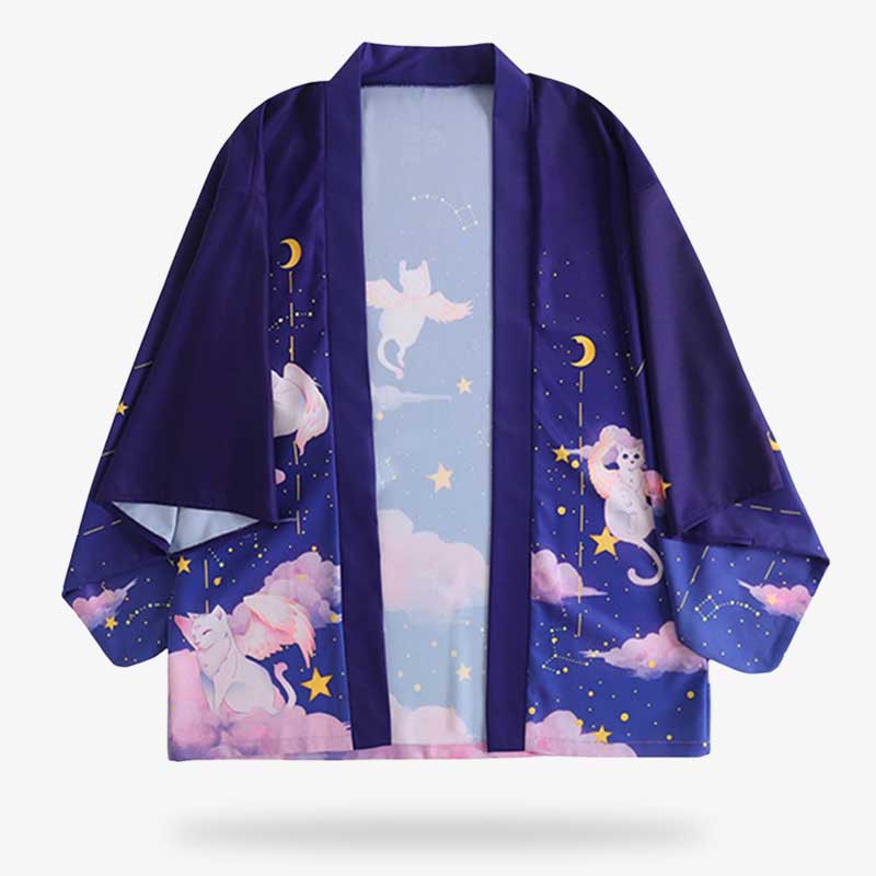 Blaue Kimono-Jacke mit Kawaii-Design, Maneki-Neko-Katze und Mond