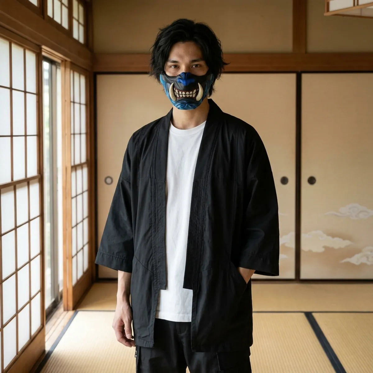 Blaue Oni Halbmaske mit Elfenbein-Reißzähnen, getragen in einem japanischen Tatami-Zimmer