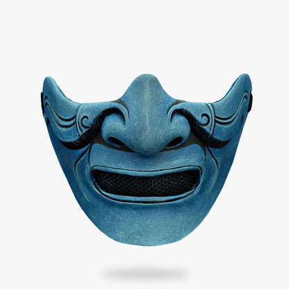 Blaue Oni Maske im Stil eines Samurai-Geistes mit Yurei-Gesicht