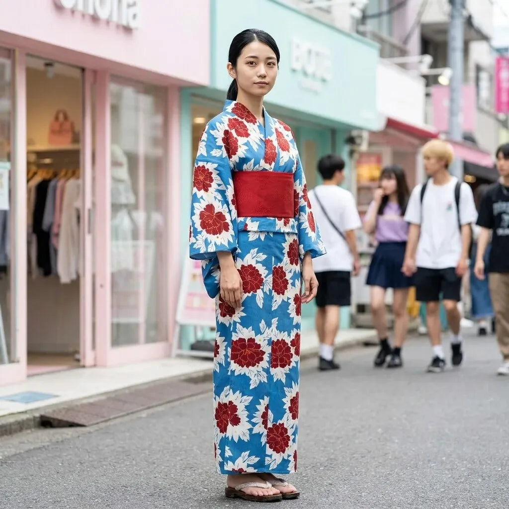 Nahaufnahme des Pfingstrosen-Motivs und Wickelkragens der blauen Yukata