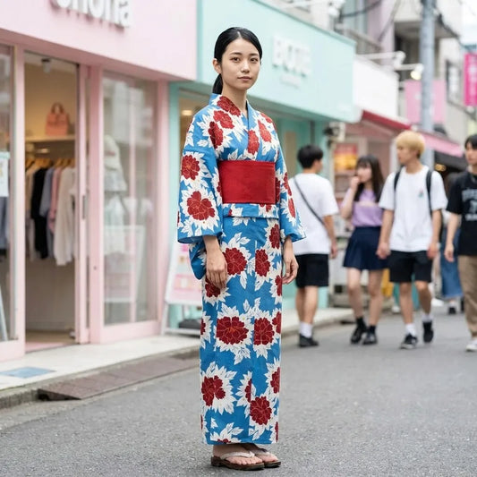 Nahaufnahme des Pfingstrosen-Motivs und Wickelkragens der blauen Yukata