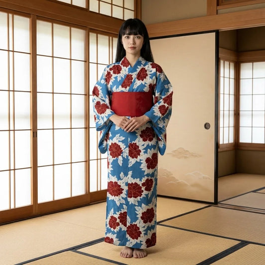 Blauer Akabotan Yukata in kompletter Vorderansicht gezeigt