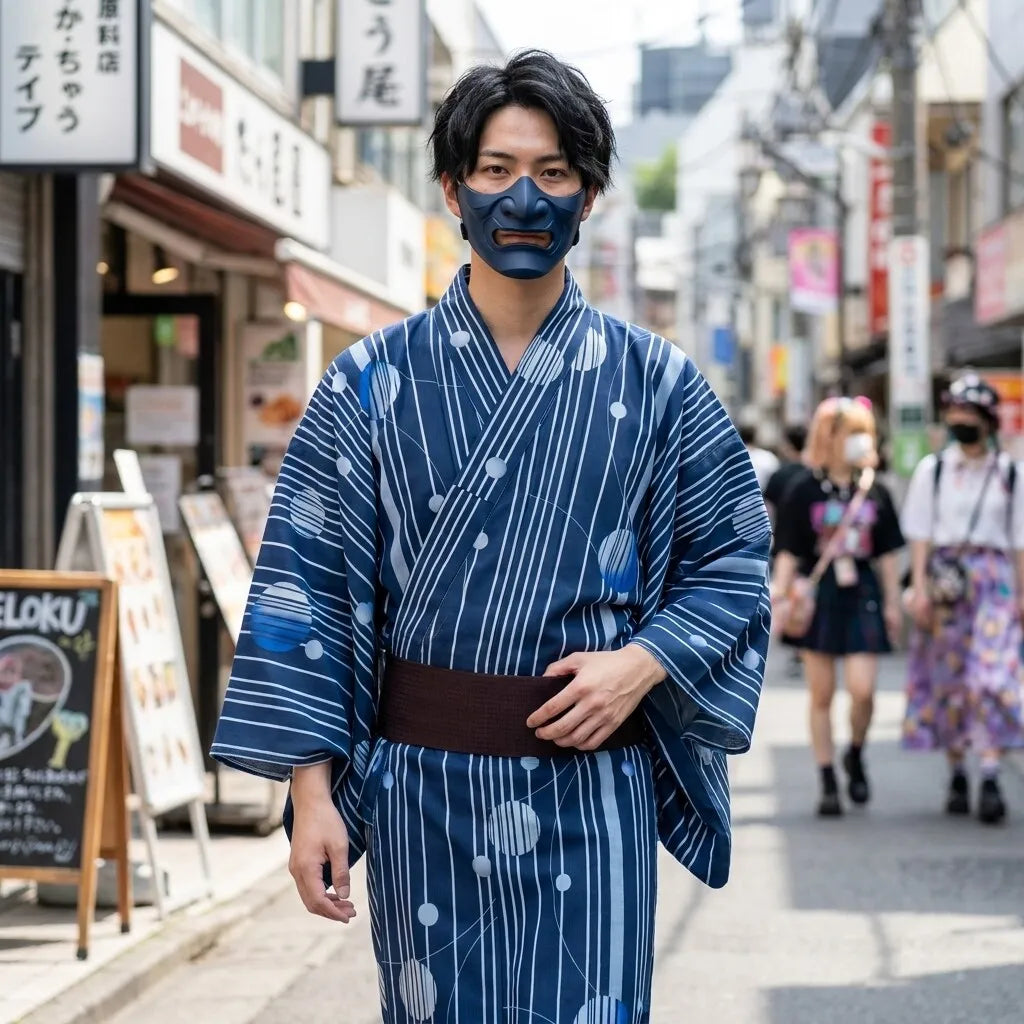 Detailansicht des blauen Kimono Herren mit Obi kombiniert