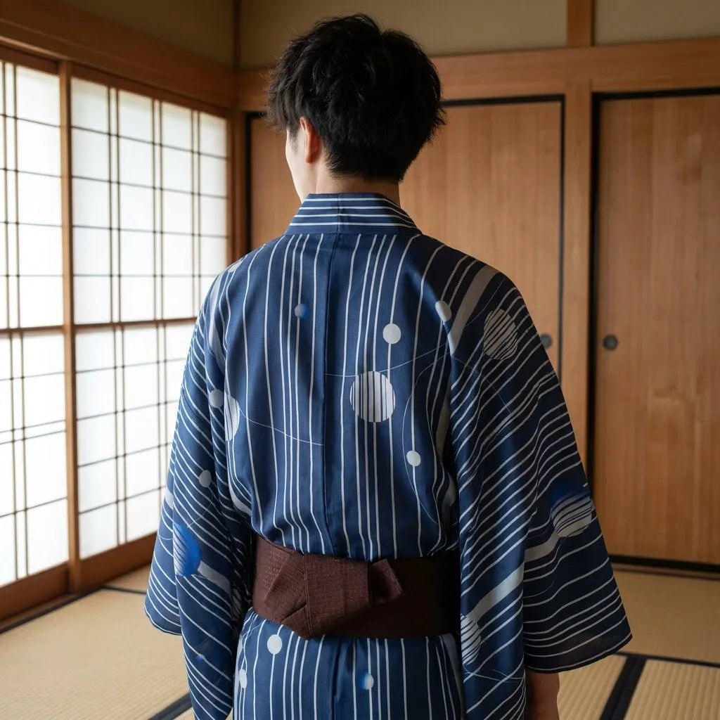 Blauer Kimono Herren von hinten mit fließendem Fall