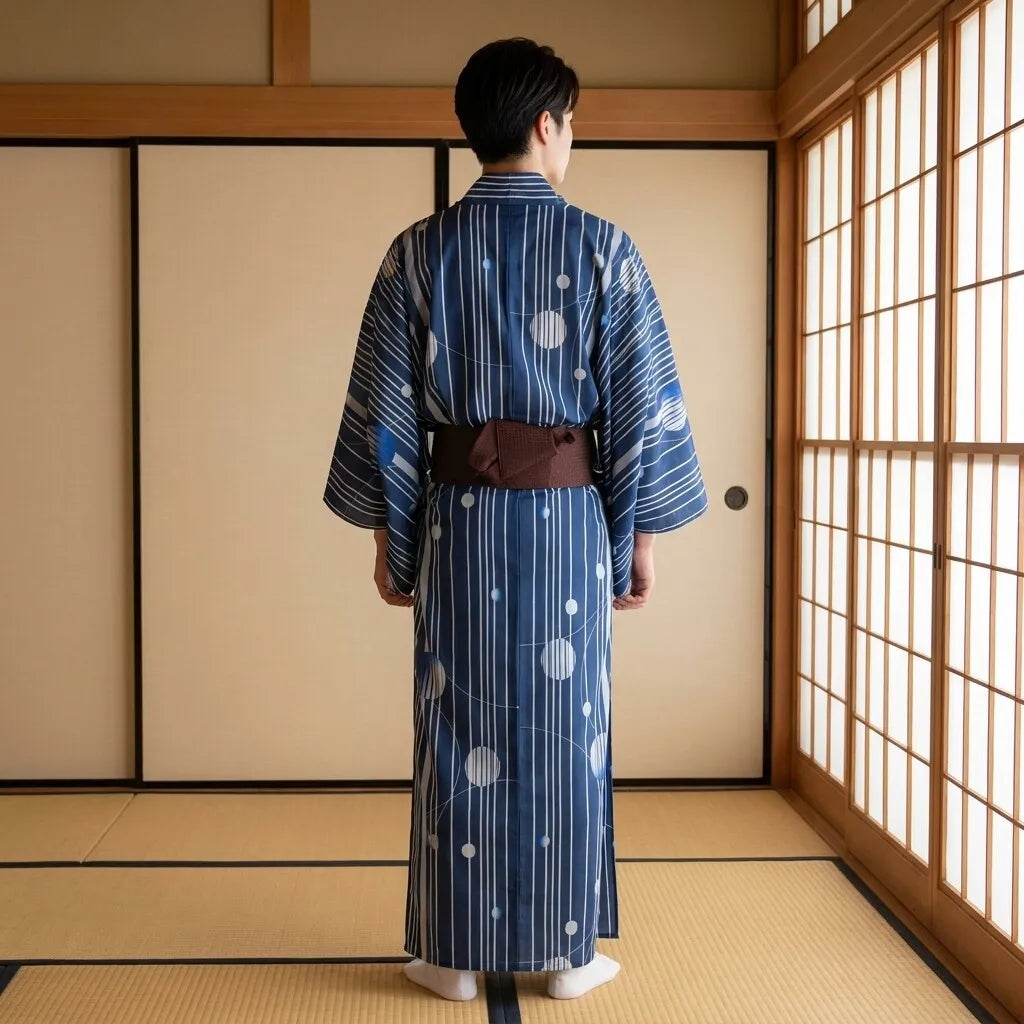 Rückansicht des blauen Herren-Kimonos mit weiten Ärmeln