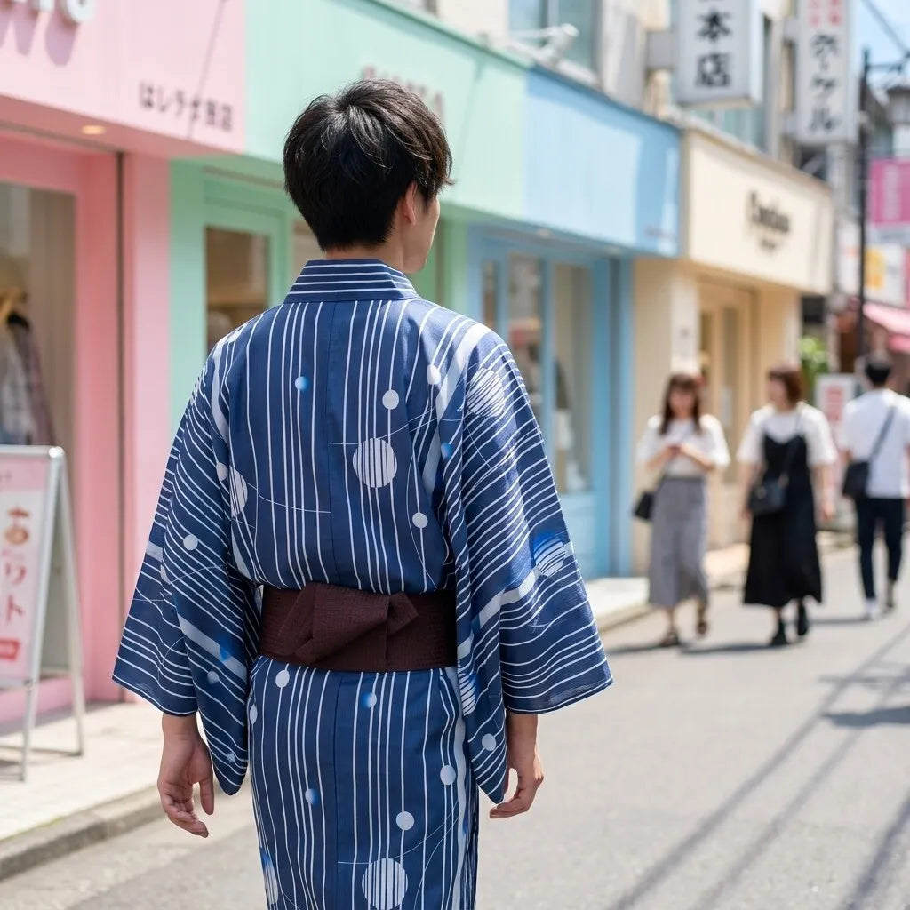 Blauer Kimono Herren, Rückansicht im Ganzkörperbild