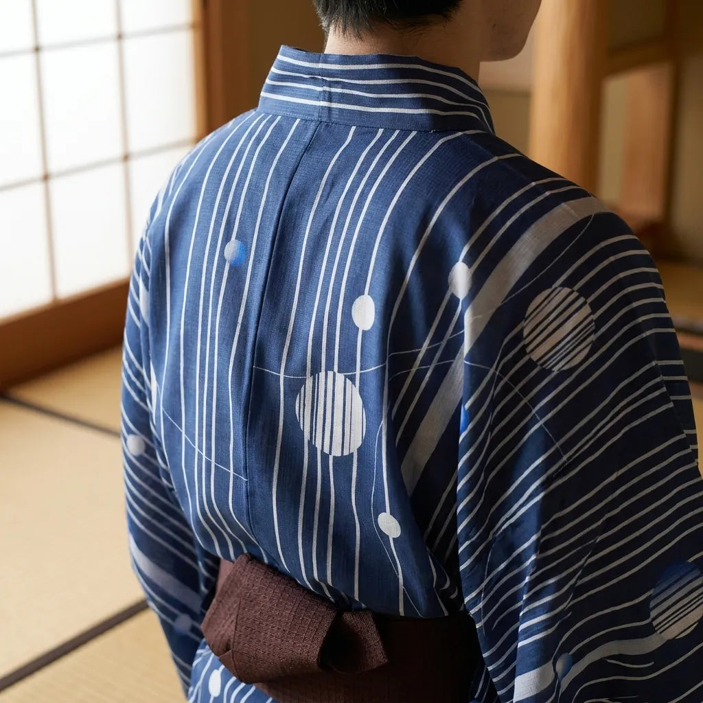 Rückansicht des blauen Kimonos für Herren im Ganzkörperbild