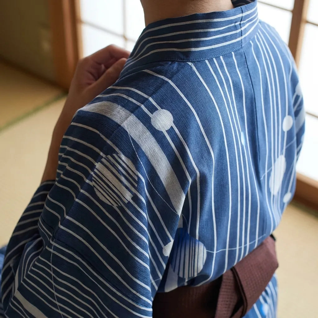 Blauer Kimono Herren von hinten getragen mit Obi