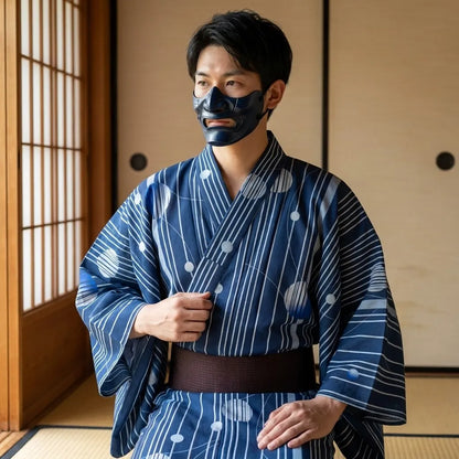 Herren-Kimono in Blau, Nahaufnahme des lockeren Schnitts