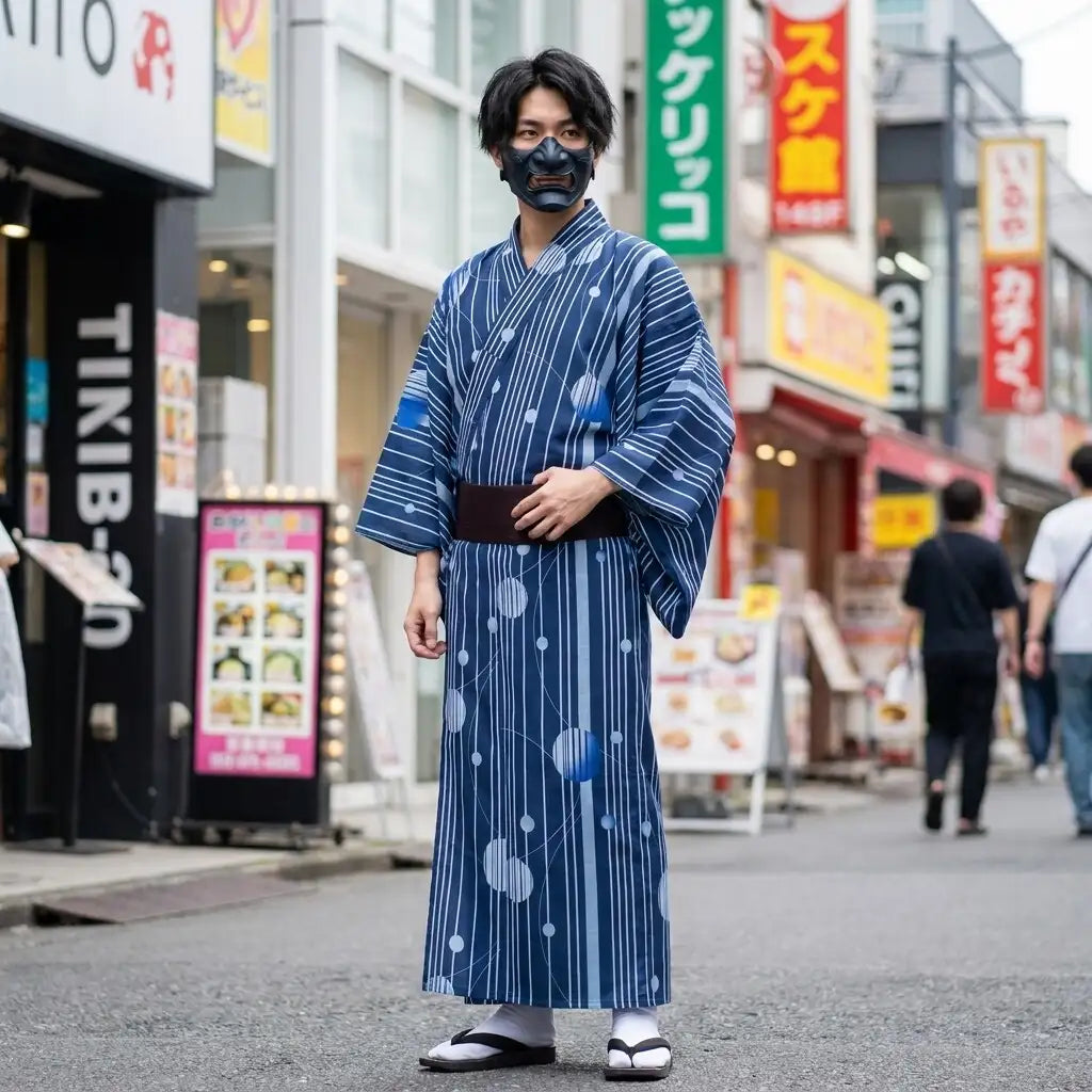 Modell trägt blauen Kimono Herren in entspannter Pose