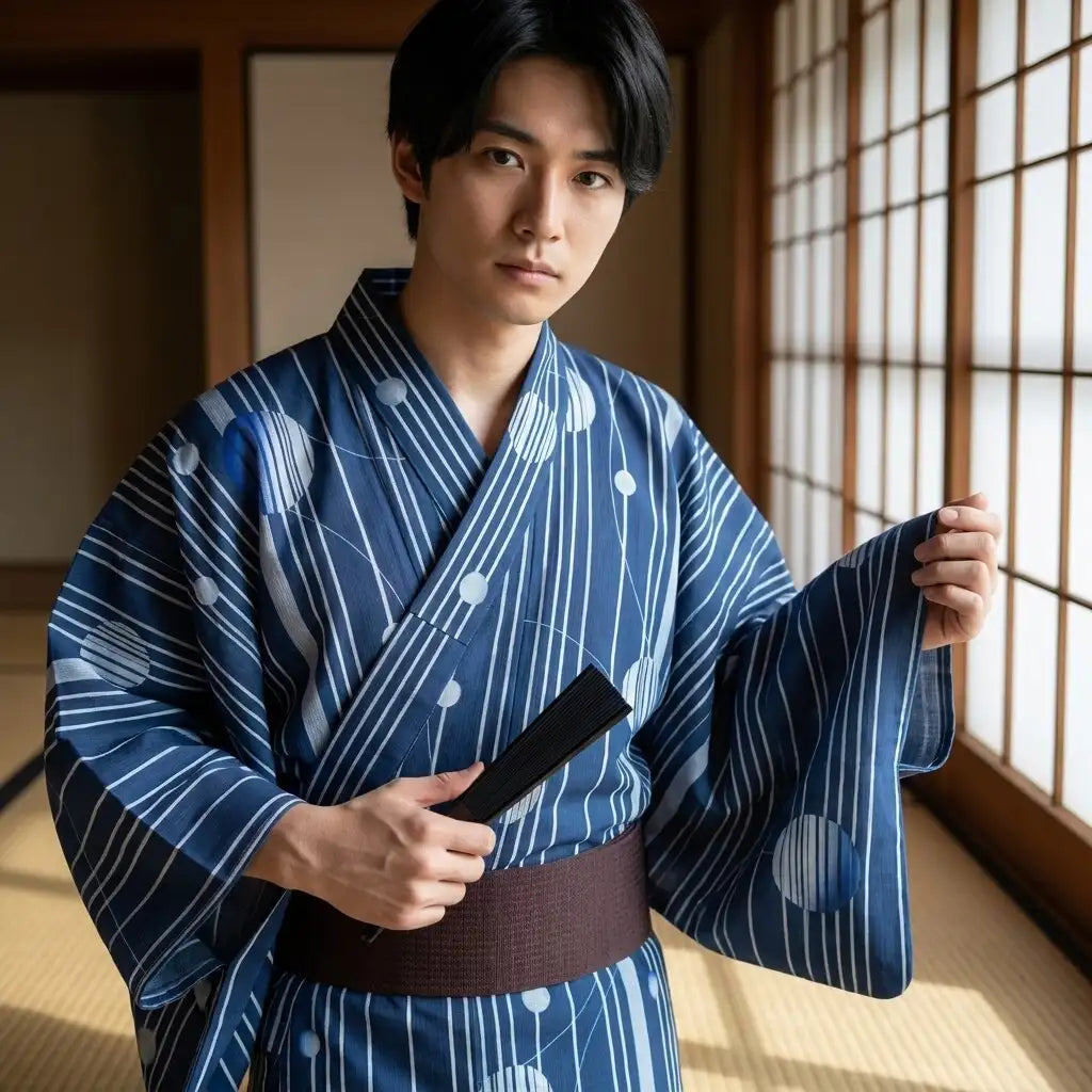 Blauer Kimono Herren, Vorderansicht mit geradem Schnitt