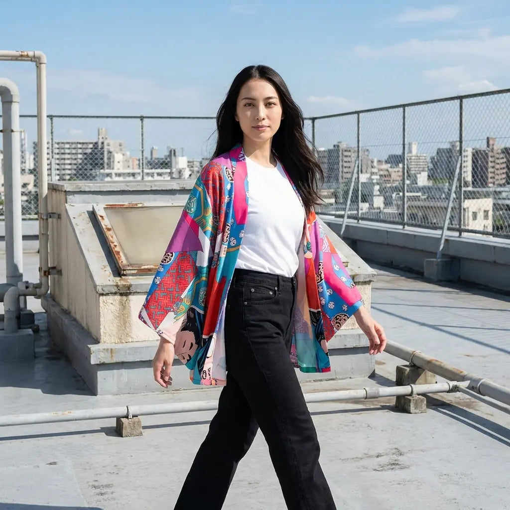 Bunte Kimono Jacke Damen in Blau, Pink und Rot auf einer Dachterrasse