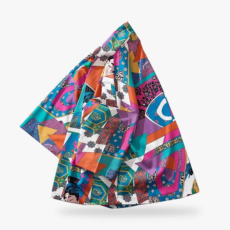 Bunte Kimono Jacke Damen mit lebendigem Farbmuster im Detail