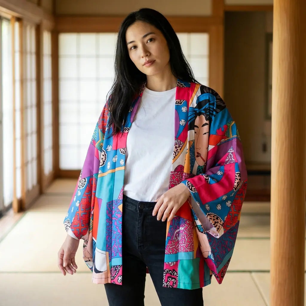 Bunte Kimono Jacke mit Farbblock Muster im Tatami Zimmer