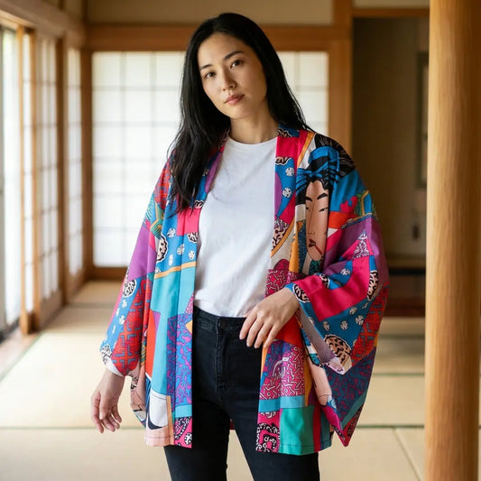 Bunte Kimono Jacke mit Farbblock Muster im Tatami Zimmer