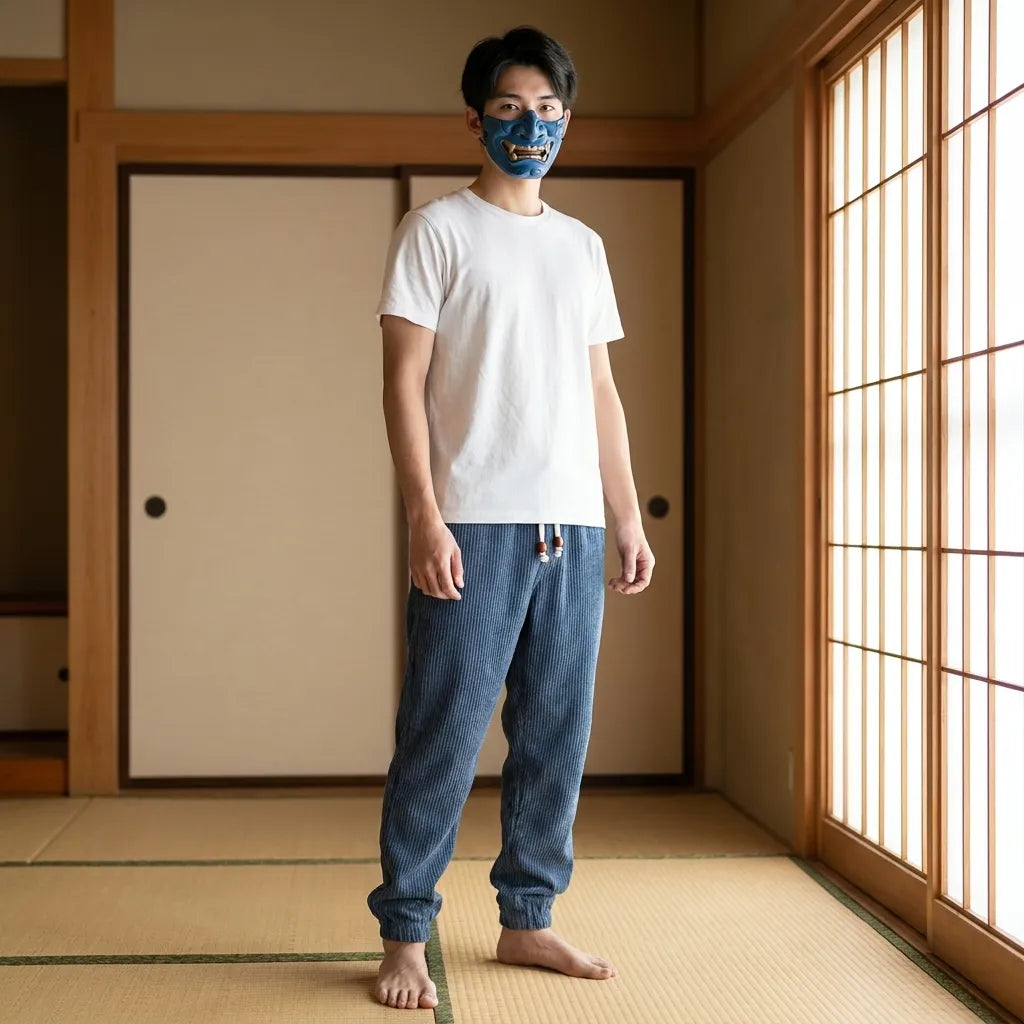 Blaue Cordhose im Japan-Stil mit lockerer Passform, Frontansicht für Herren