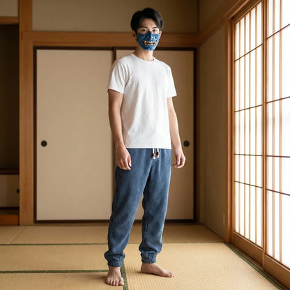 Blaue Cordhose im Japan-Stil mit lockerer Passform, Frontansicht für Herren