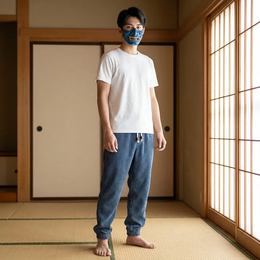 Blaue Cordhose im Japan-Stil mit lockerer Passform, Frontansicht für Herren