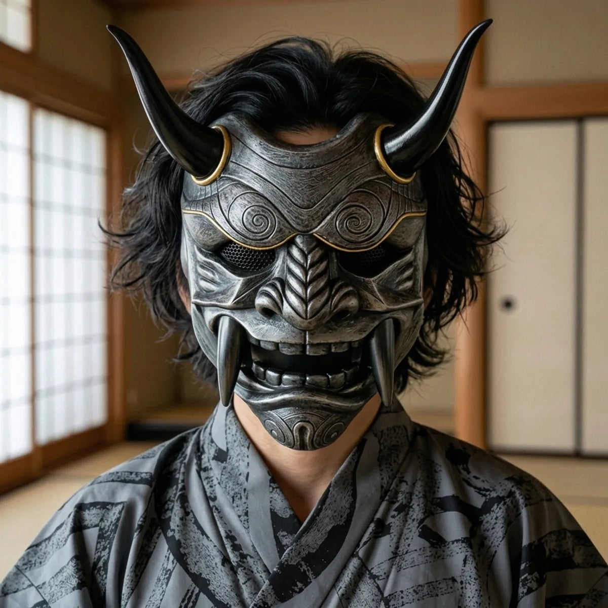 Nahaufnahme der grauen Hörnermaske mit goldenen Ringen und dunklen Fangzähnen im Tatami-Raum