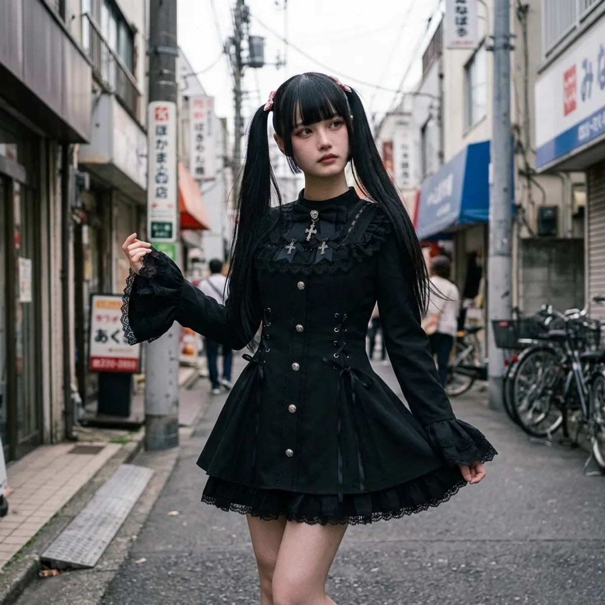 Dark Lolita Kleid in Harajuku aus der Dreiviertelansicht mit ausgestelltem Ärmel und Rockvolants sichtbar
