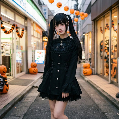 Dark Lolita Kleid getragen auf einer Straße in Tokio an Halloween mit geschnitzten Kürbissen im Hintergrund