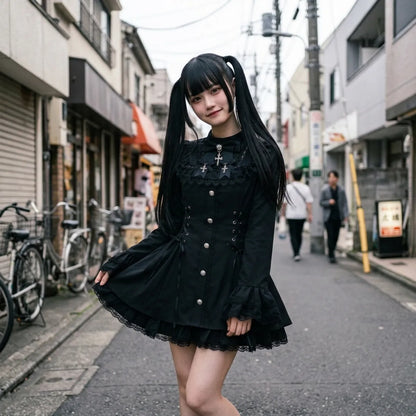 Dark Lolita Kleid in einer Harajuku-Seitengasse mit Korsettschnürung und schwarzem Spitzenkragen bei Tageslicht