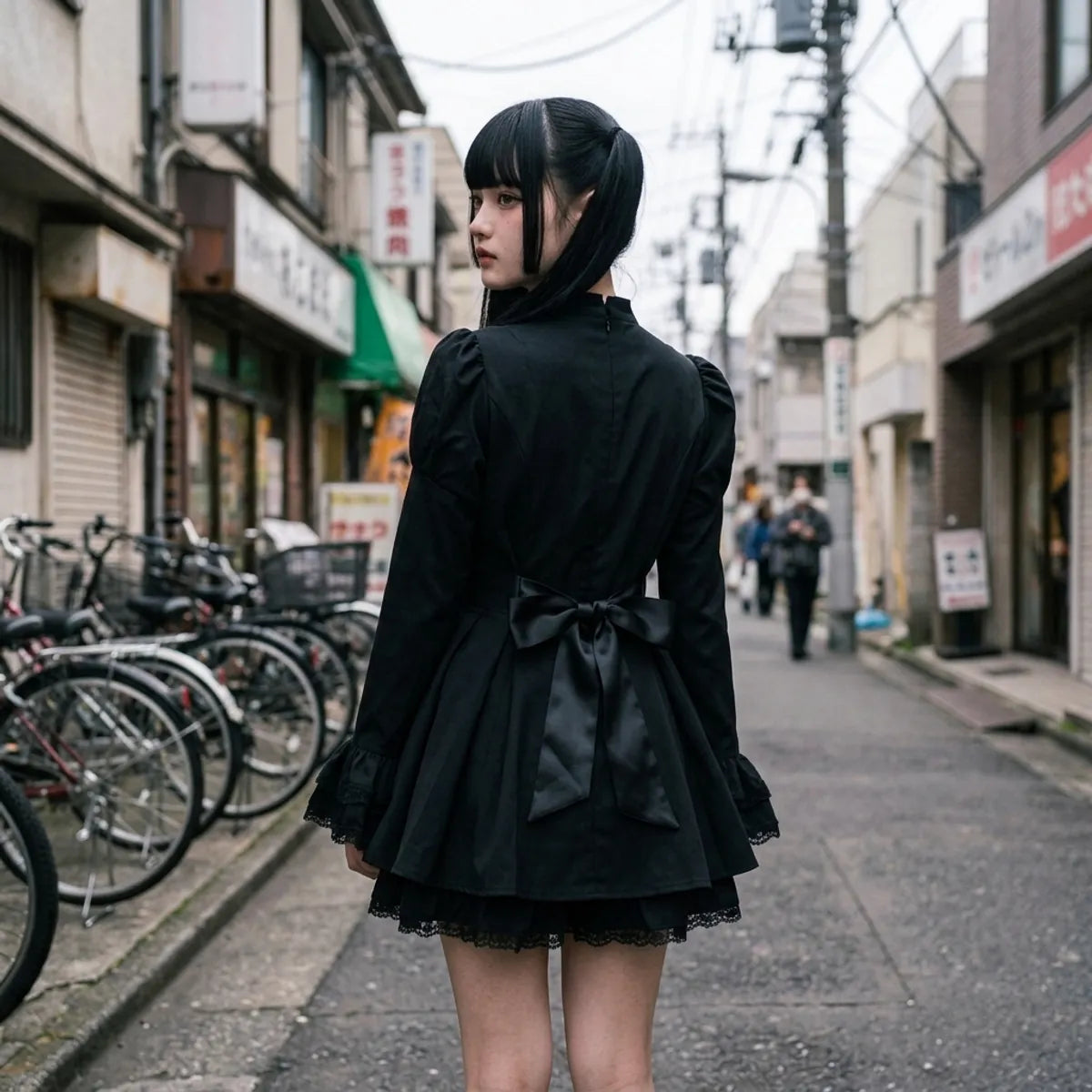 Rückansicht des Dark Lolita Kleids in Harajuku mit Satinschleife an der Taille und plissiertem Rock