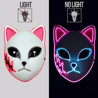 Demon Slayer Maske im Kitsune Fuchs Design mit blauem LED Leuchten