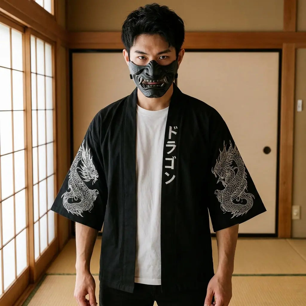 Mann trägt Drachen Haori Kimono-Jacke in traditionellem japanischen Raum