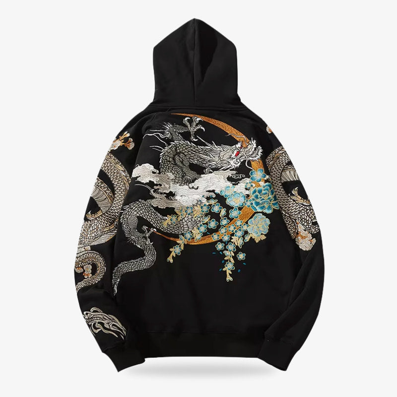 Schwarzer Drachen Hoodie mit Kirschblütenstickerei auf weißem Hintergrund