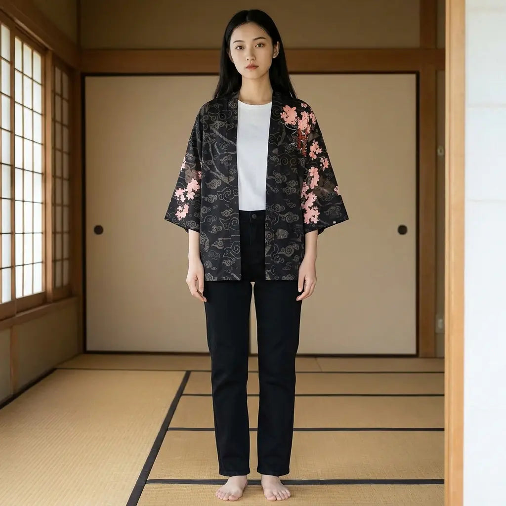 Frau trägt Drachen Kimono Haori Jacke im Washitsu-Zimmer mit Tatami und Shoji