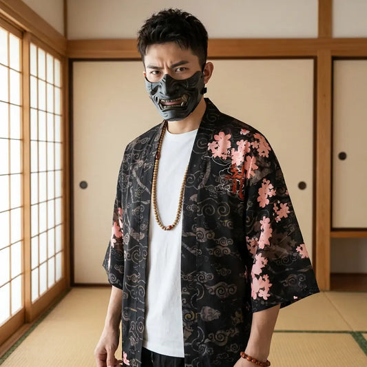 Mann trägt Drachen Kimono Haori Jacke in traditionellem Washitsu-Zimmer, Frontansicht