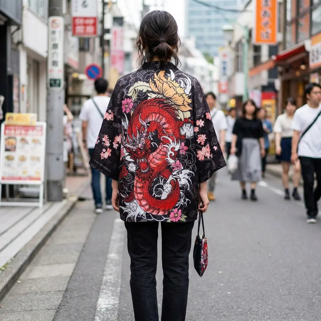 Frau von hinten in Drachen Kimono Haori Jacke auf einer Harajuku Straße