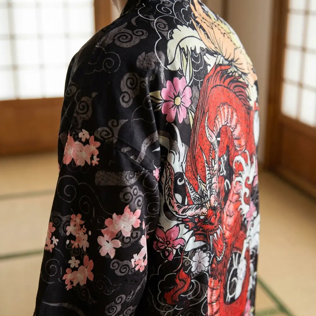 Nahaufnahme der Rückenstickerei mit Drachenmotiv auf der Haori Jacke