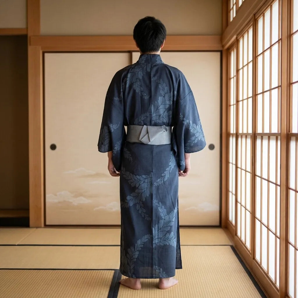 Rückansicht des dunkelblauen Yukata für Herren mit lockerem Fall