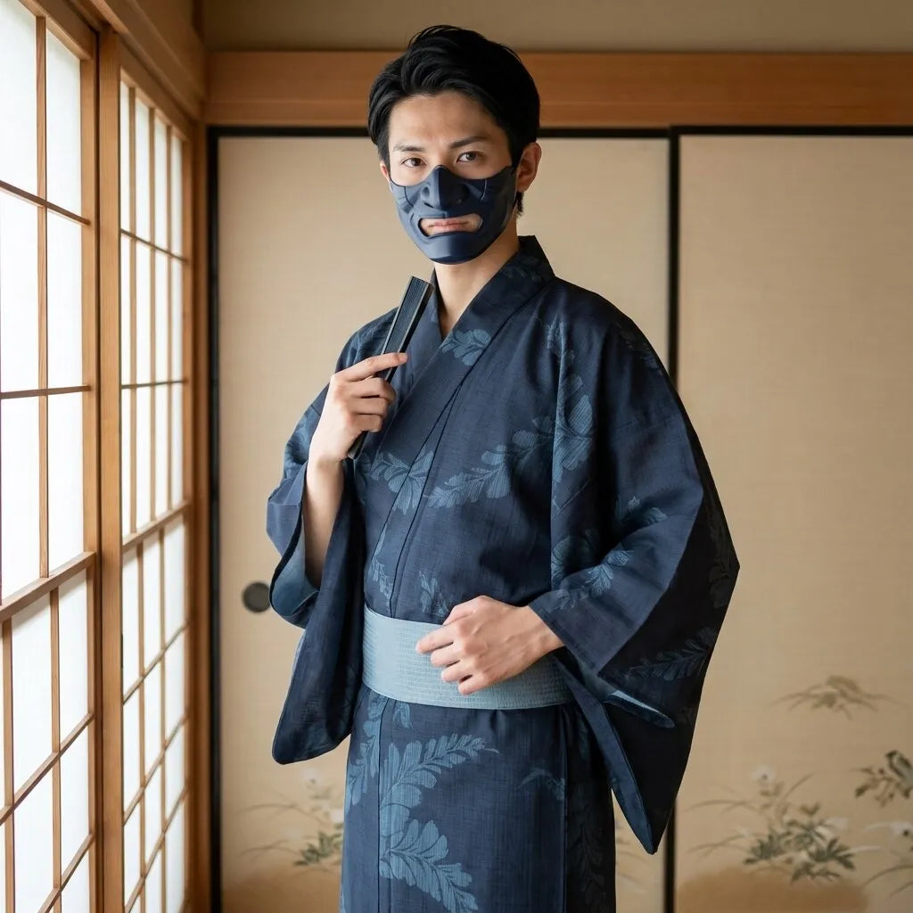 Herren-Yukata in Dunkelblau mit weiten Ärmeln, Frontansicht