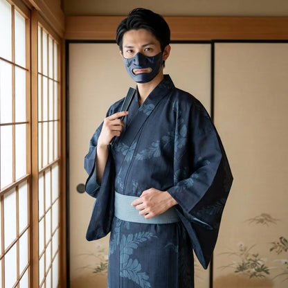 Herren-Yukata in Dunkelblau mit weiten Ärmeln, Frontansicht