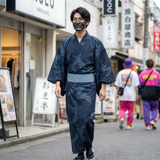 Dunkelblauer Yukata Herren, Detailansicht des botanischen Musters
