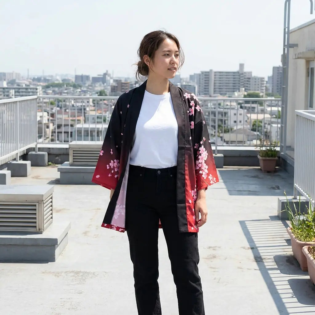 Dunkle Sakura Kimono Jacke auf einer Dachterrasse mit Pflanzen im Hintergrund