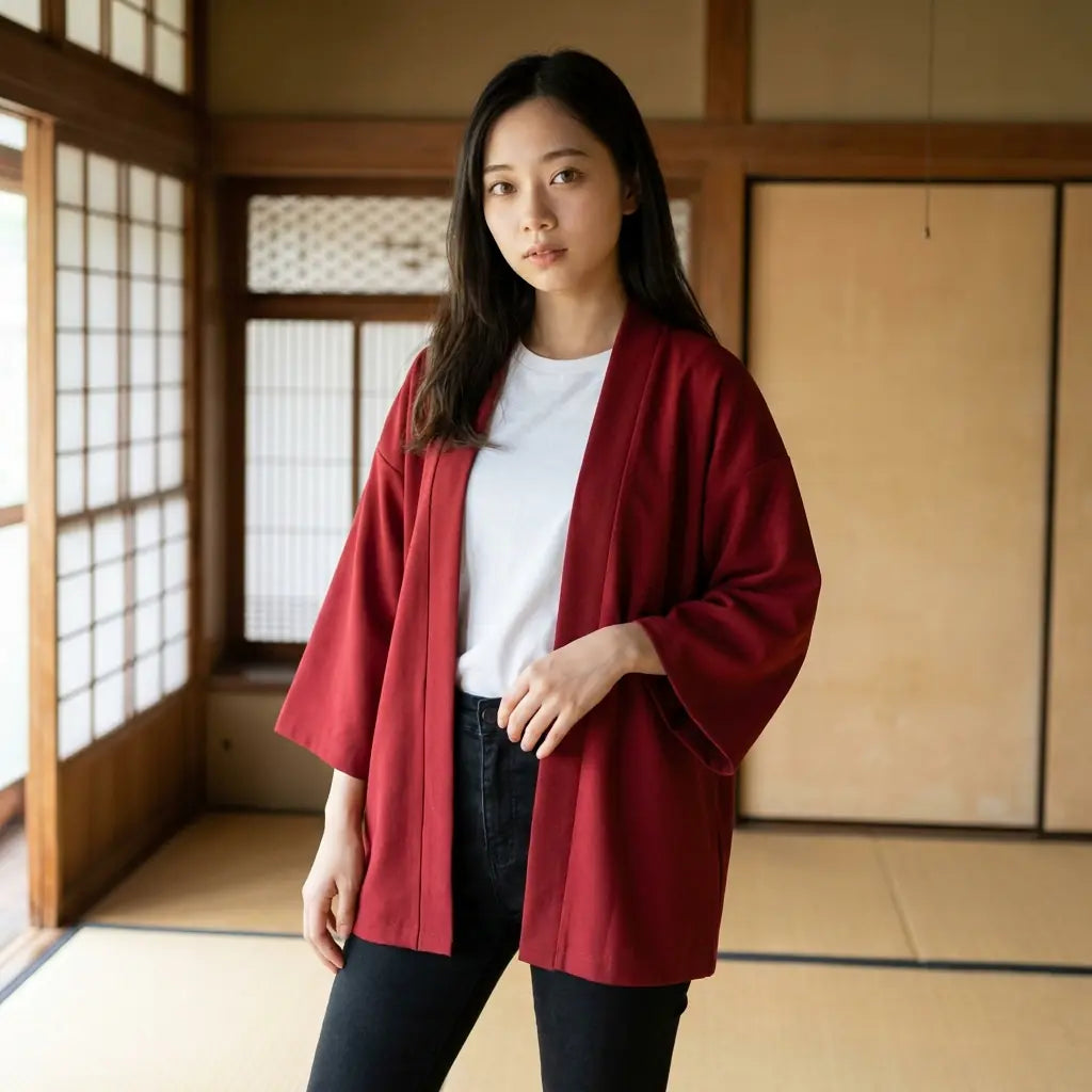 Einfarbiger roter Kimono Cardigan von vorne mit einer Hand in der Tasche im Tatami-Zimmer