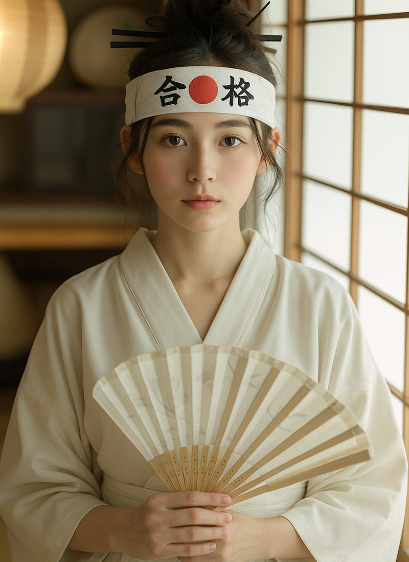 Frau im traditionellen Kimono trägt ein Hachimaki Stirnband und hält einen Fächer