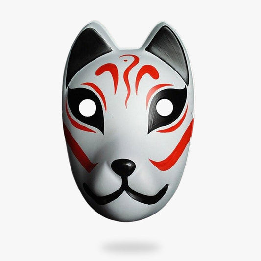 Weiße Fuchs Kitsune Maske mit roten Motiven aus bemaltem Fiberglas
