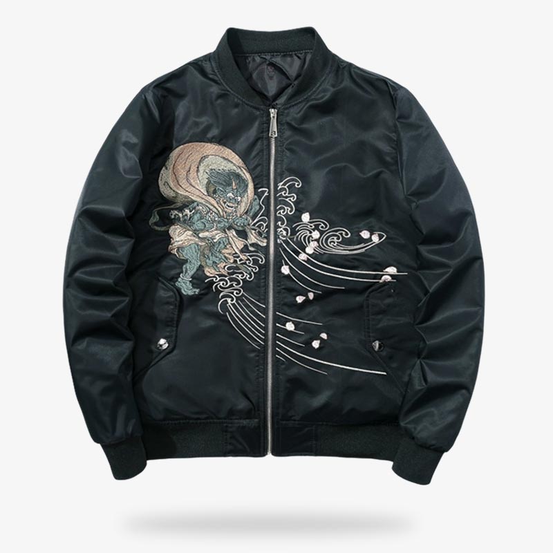 Schwarze Fujin Souvenirjacke mit gesticktem japanischem Gottmotiv