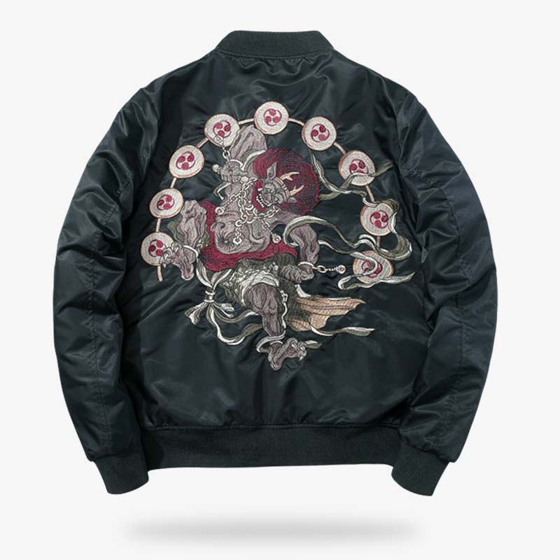 Schwarze Fujin Sukajan Jacke mit gestickten japanischen Symbolen
