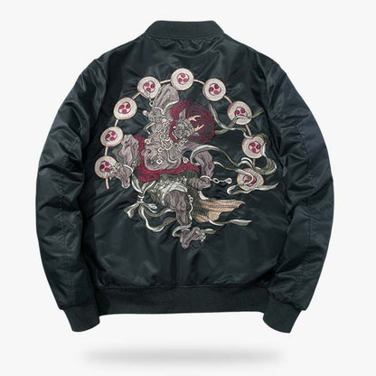Schwarze Fujin Sukajan Jacke mit gestickten japanischen Symbolen