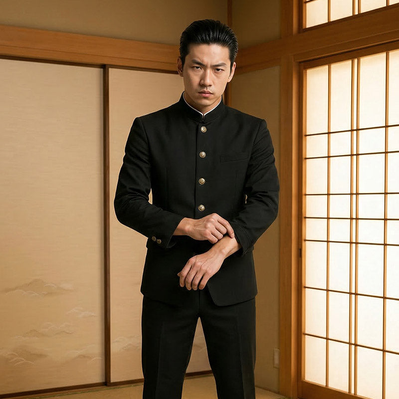 Mann trägt schwarze Gakuran Jacke in traditionellem japanischem Raum mit Schiebetüren