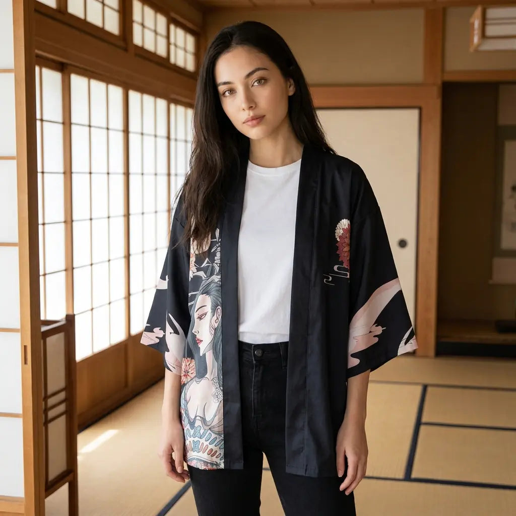 Haori mit Geisha-Print von vorne in einem Tatami-Raum