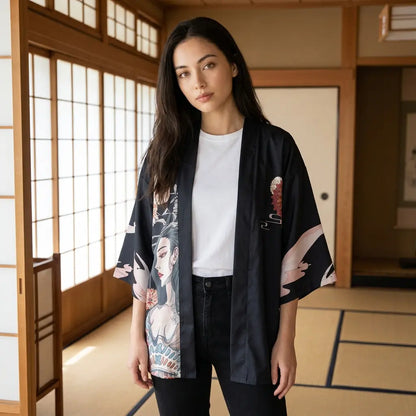 Haori mit Geisha-Print von vorne in einem Tatami-Raum