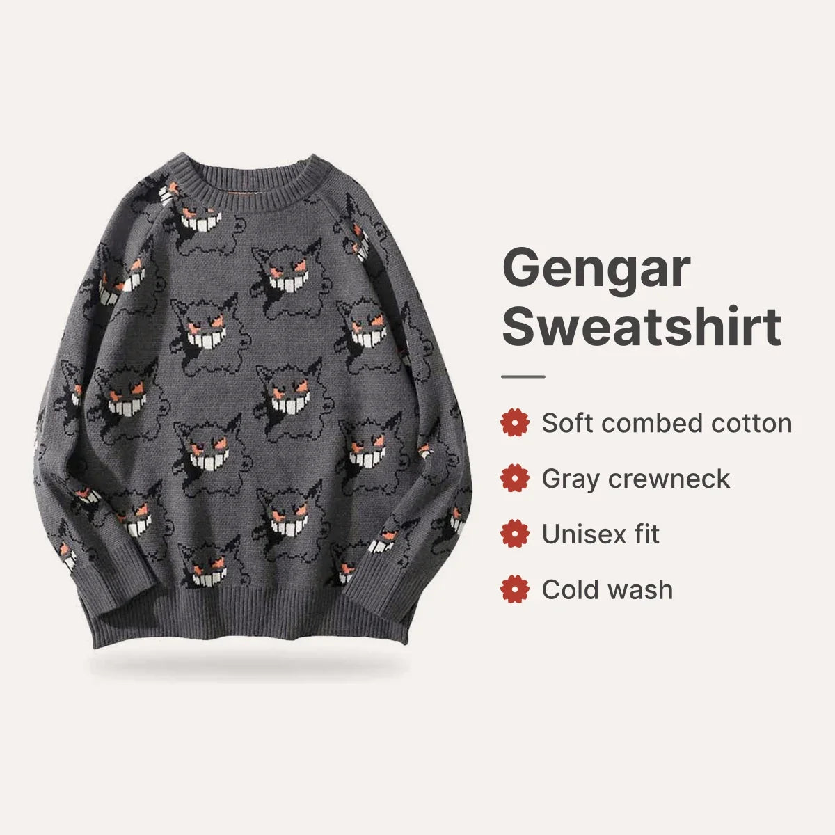Gengar Sweatshirt Übersicht: weiche Baumwolle, kalte Wäsche, oversized Schnitt, unisex Größen
